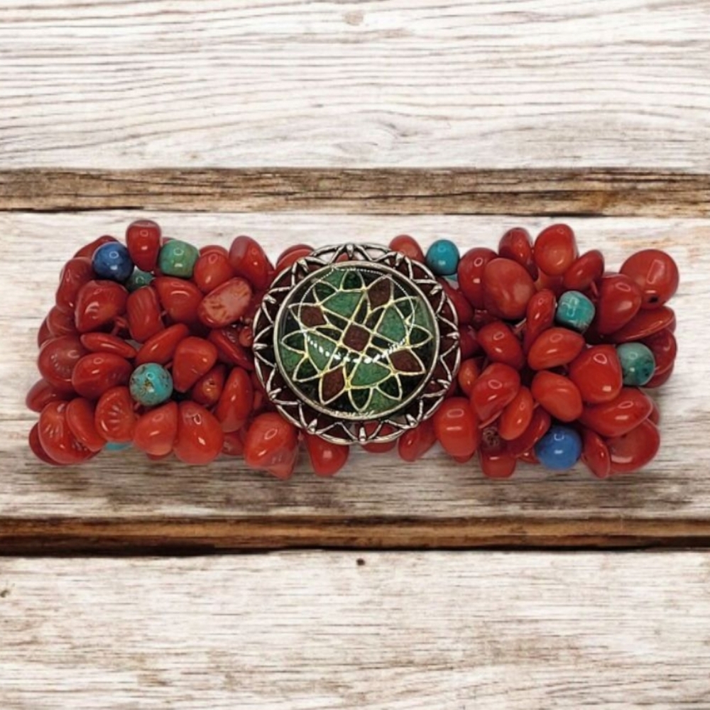 Vintage Carolyn Pollack Relios 925 Sterling Silver Bamboo Coral Bracelet Stretch